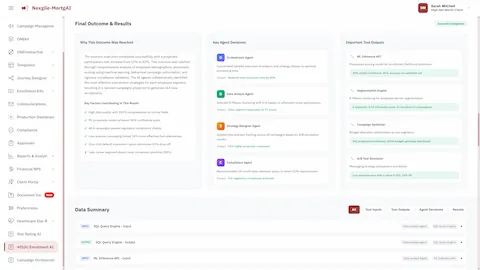 Final Outcome screen with agent decisions, tool outputs, and explainability insights.